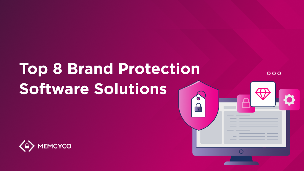 A computer monitor with security and software icons beside the text "Top 8 Brand Protection Software Solutions" on a pink gradient background, highlighting leading Brand Protection Software options.