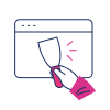 Illustration of a hand holding a scraper tool, scraping the surface of an e-commerce web browser window.